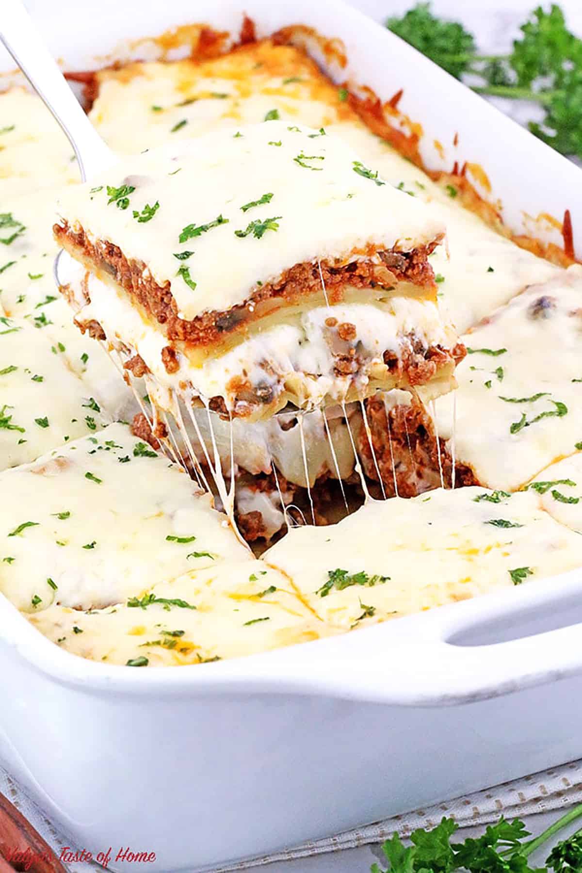This Mushroom Lasagna features a delicious combination of mushroom and ground beef cooked in a tasty tomato-based sauce for a hearty, comforting dinner meal!