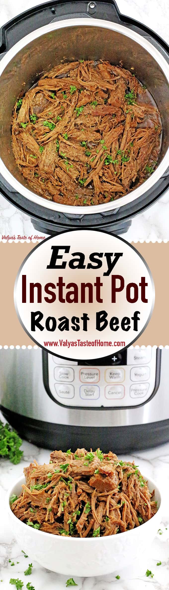 This Instant Pot Roast Beef Recipe is truly a gem and easy to make! It’s the same recipe that I like to make in the slow cooker, which cooks for five hours. Already a time saver from the traditional toilsome oven version, this variation saves you oodles more time by being dinner-ready within one hour in the incredible Instant Pot.