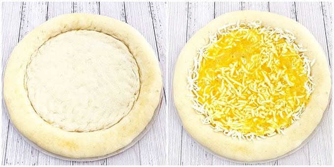 Spread out about ¾ of the shredded mozzarella cheese onto the pizza dough. Beat the eggs in a bowl and season with salt and pepper to taste.