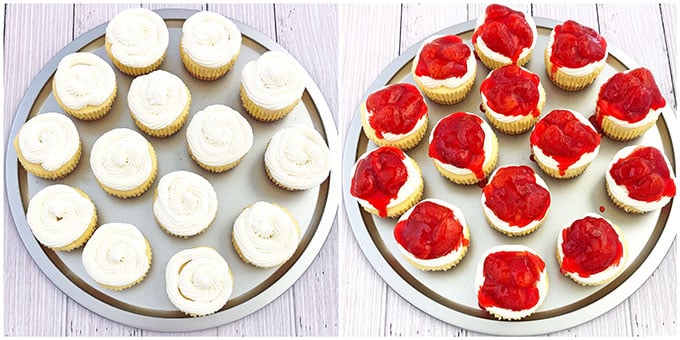 Pipe cream on top of each cheesecake and then top each of them with the chunky strawberry sauce. To garnish, sprinkle some crushed pistachios on top.