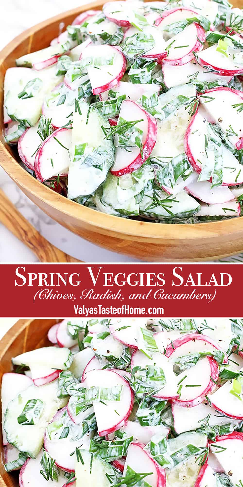 Chives, Radish, and Cucumber Salad Recipe is our family favorite spring salad! It requires very few ingredients but it is so crisp and full of flavor, especially when using garden fresh produce. I can just eat this salad by itself, but I usually serve it with mashed potatoes or buckwheat. 