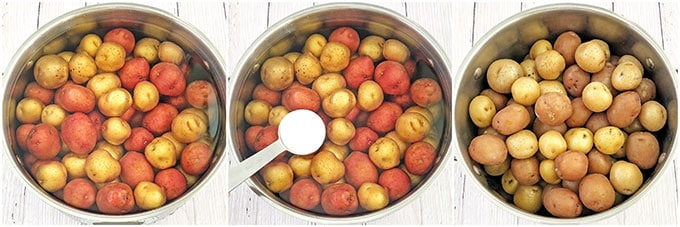 First things first, rinse potatoes and add them to a medium pot. Fill the pot with cold water just until all the potatoes are covered. Add a tablespoon of salt and bring it to a boil.
