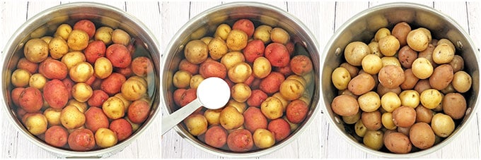 First things first, rinse potatoes and add them to a medium pot. Fill the pot with cold water just until all the potatoes are covered. Add a tablespoon of salt and bring it to a boil.