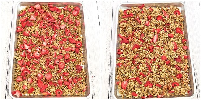 The title says it all! This Easy Strawberry Almond Granola Recipe is truly super easy and quick to make! It's so much healthier, cleaner, and tastier when made at home than a store bought. But seriously, what is there not to love about this granola when almonds and strawberries pair so well together! ;)