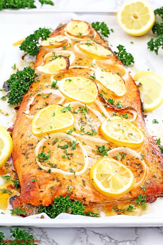This Lemon Pepper Baked Salmon delicacy is the softest and juiciest baked salmon I've ever had. It bursts with flavor and is absolutely scrumptious. You will have seconds for sure! We usually serve this salmon with mashed potatoes and gravy, as kids like it. 
