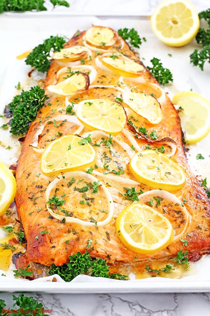 This Lemon Pepper Baked Salmon delicacy is the softest and juiciest baked salmon I've ever had. It bursts with flavor and is absolutely scrumptious. You will have seconds for sure! We usually serve this salmon with mashed potatoes and gravy, as kids like it.