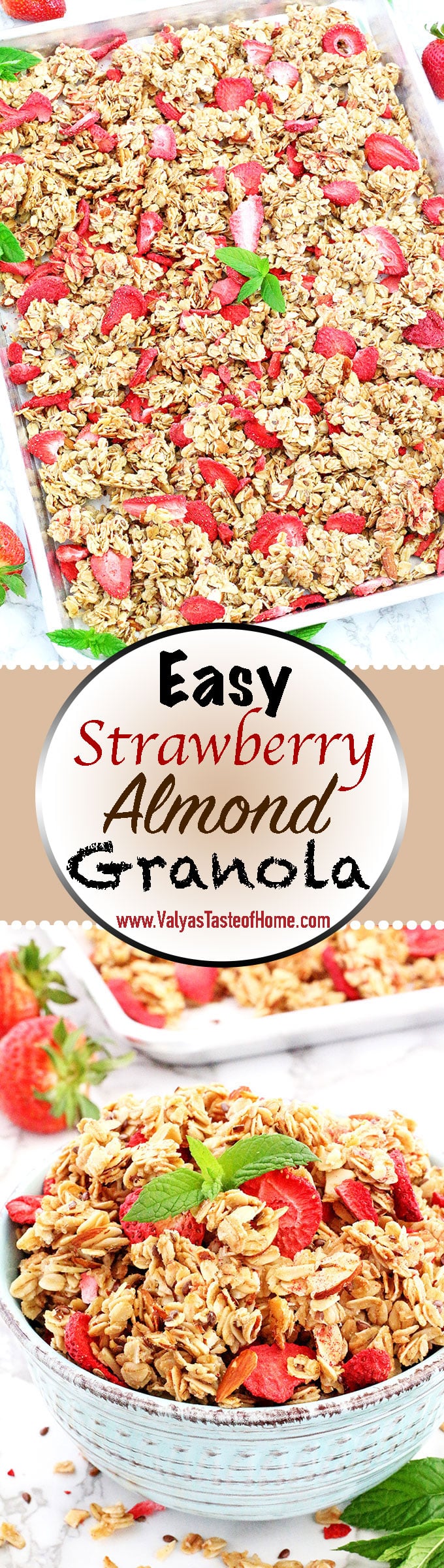 The title says it all! This Easy Strawberry Almond Granola Recipe is truly super easy and quick to make! It's so much healthier, cleaner, and tastier when made at home than a store bought. But seriously, what is there not to love about this granola when almonds and strawberries pair so well together! ;)