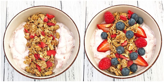 Finally, top the yogurt and berry mix with granola, more berries, and sprinkle some chia seeds on top.