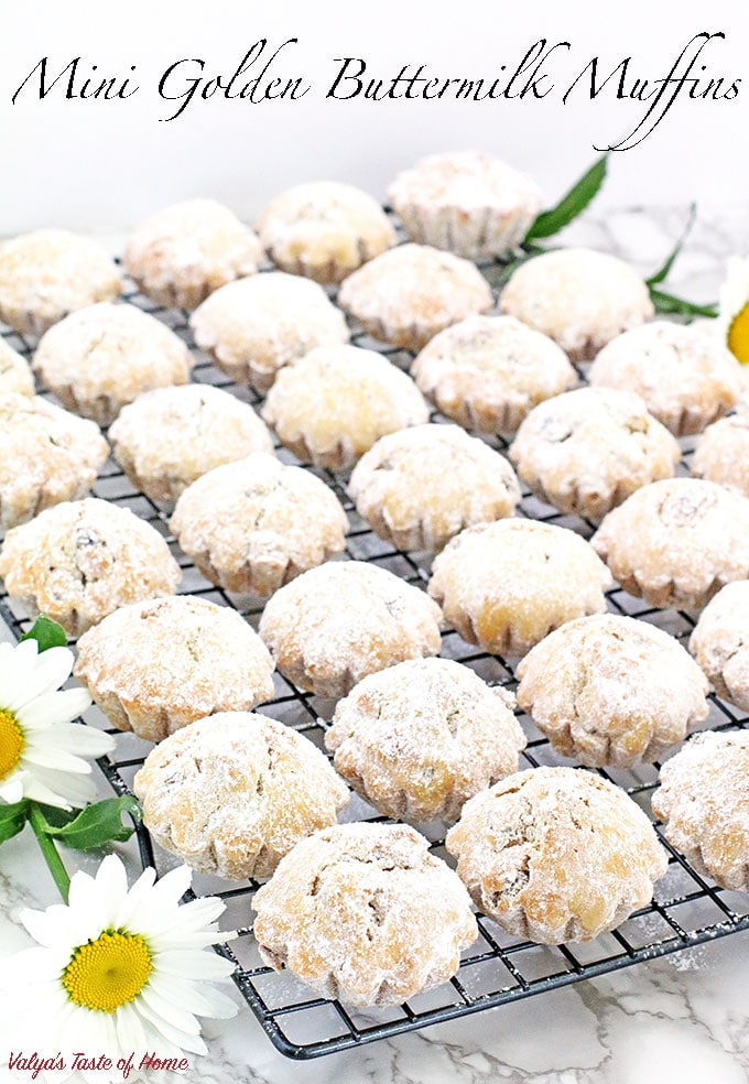 Today I’m sharing a very dear recipe that I started making when I was still living in Ukraine and I was only about 10 years old. It is still our family favorite tea or coffee muffins. These Mini Golden Buttermilk Muffins become a quick favorite to those who try them as well. 