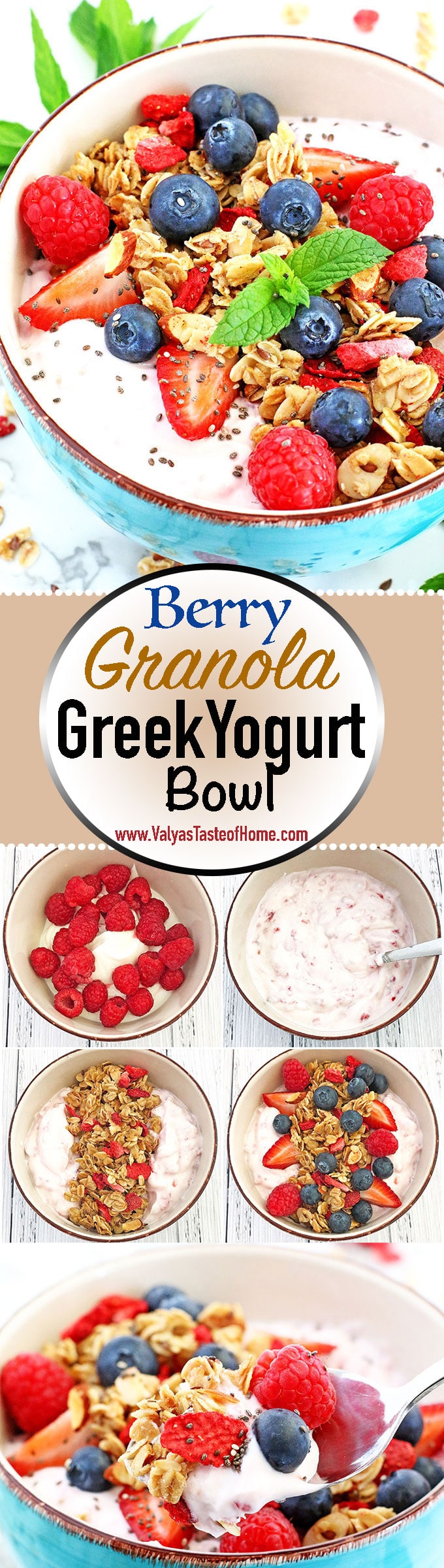 This easy and delicious Berry Granola Greek Yogurt Bowl recipe is packed with protein, calcium, vitamins, minerals and loaded with fresh fruit. It’s perfect for breakfast, healthy snack, dessert, or even meal replacement.