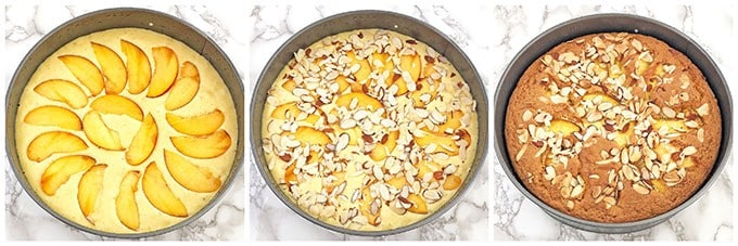 Who can resist a slice of this absolutely scrumptious Almond Peach Coffee Cake? It's light, fluffy, airy, moist, and loaded with peaches. The aroma of almond extract is phenomenal! Then topped and toasted almond slivers, making this cake not only beautiful but gives it a boost in taste as well.  Every bite just melts in your mouth. 