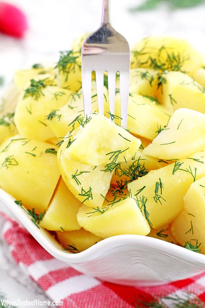 A simply prepared recipe is usually the one that turns out to be the best-tasting and most loved go-to dishes. This classic Buttered Golden Potatoes with Dill is one of those for us. Filling potato chunks coated with savory butter, sprinkled with fresh garden-grown dill to make such a simple yet tasty and comforting dish.