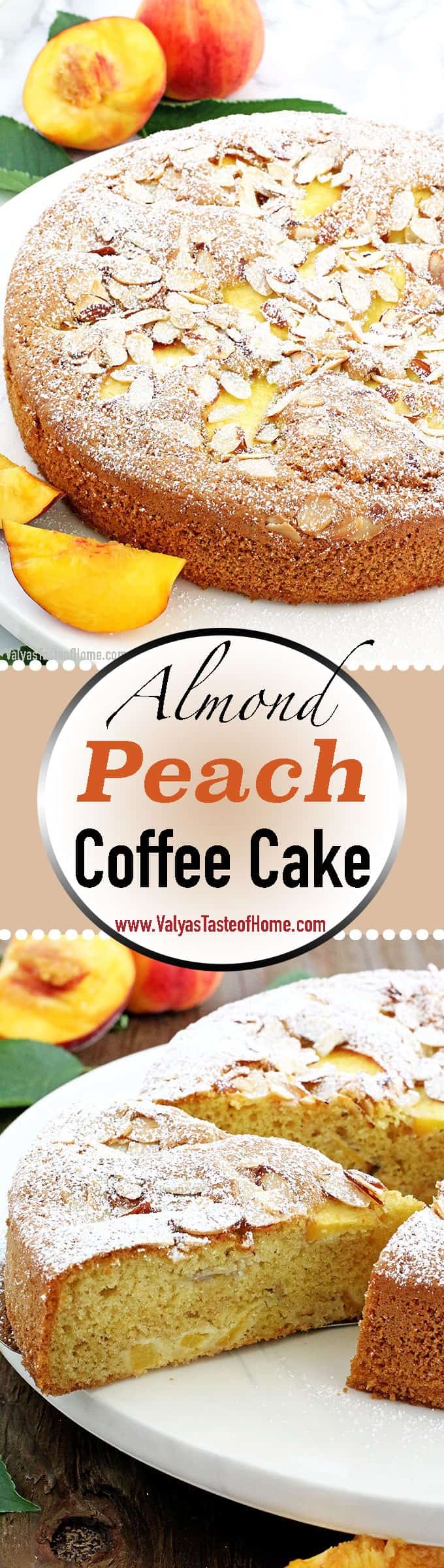 Who can resist a slice of this absolutely scrumptious Almond Peach Coffee Cake? It's light, fluffy, airy, moist, and loaded with peaches. The aroma of almond extract is phenomenal! Then topped and toasted almond slivers, making this cake not only beautiful but gives it a boost in taste as well. Every bite just melts in your mouth.
