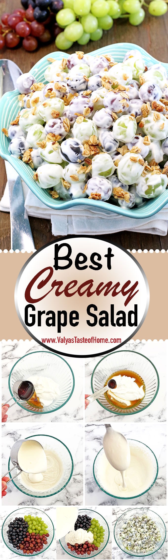 This Best Creamy Grape Salad is a delicious blend of fresh juicy grapes in a creamy vanilla yogurt dressing, and a touch of sweet and sour is a perfect way to sweeten up a picnic, backyard family gathering or any summer occasion. #fruitsalad #grapesalad #valyastasteofhome #bestcreamygrapesalad