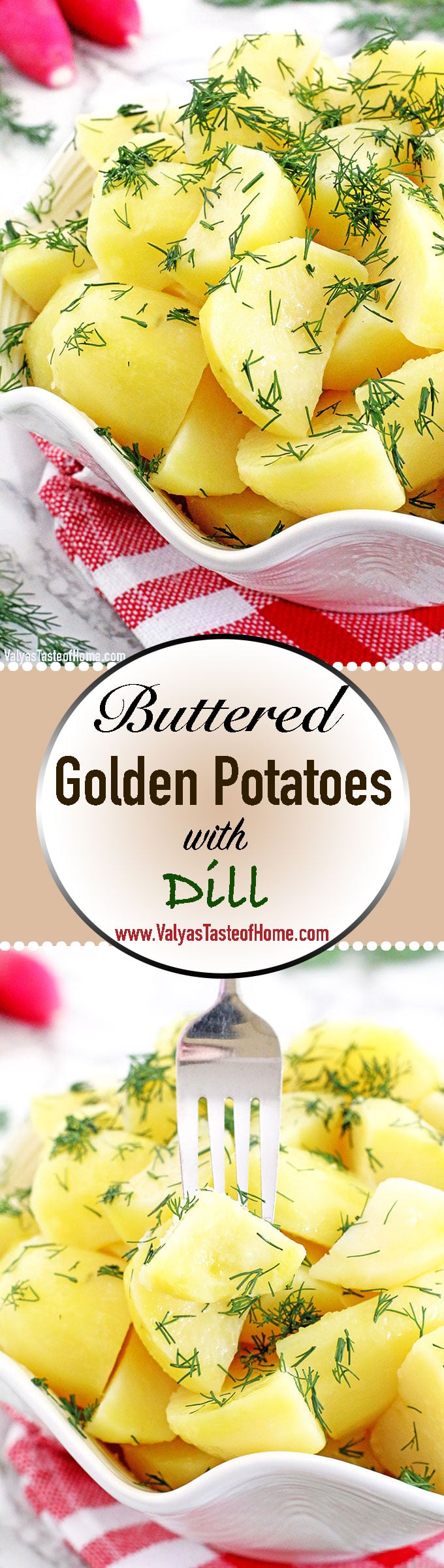 A simply prepared recipe is usually the one that turns out to be the best-tasting and most loved go-to dishes. This classic Buttered Golden Potatoes with Dill is one of those for us. Filling potato chunks coated with savory butter, sprinkled with fresh garden-grown dill to make such a simple yet tasty and comforting dish.