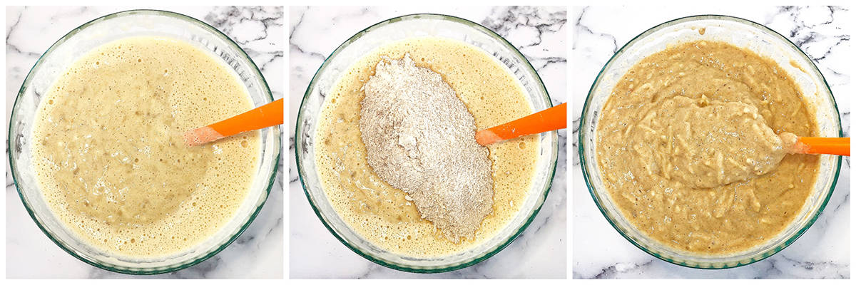 Stir in the flour using a spatula (or a hand mixer) in 3 separate additions until just incorporated.