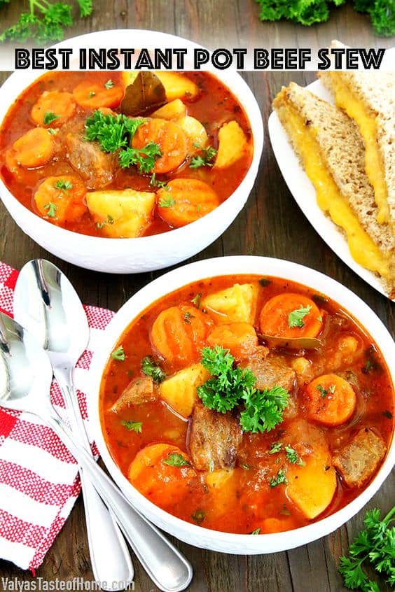 Fall is here, folks! And so is warm comfort food. What can be cozier, hearty, and comforting than a hot bowl of Best Instant Pot Beef Stew on a cold Fall season day to go along with broiled cheese sandwiches? This mouth-watering richness is delicious, savory and loaded with vegetables. #beefstew #instantpotbeefstew #thebestbeefstew #valyastasteofhome