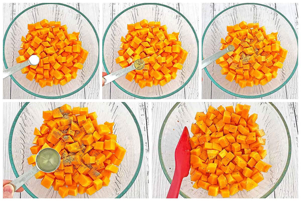 Next, sprinkle with seasoning: sea salt, Mrs. Dash seasoning, and black ground pepper. Drizzle olive oil over seasoned squash and toss to coat.