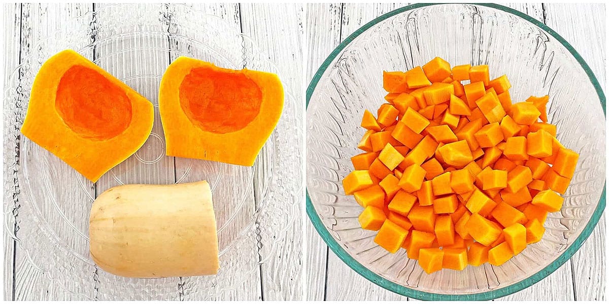 Slice through and cube the squash into ½ inch pieces to 1-inch cubes and add them into a bowl. 
