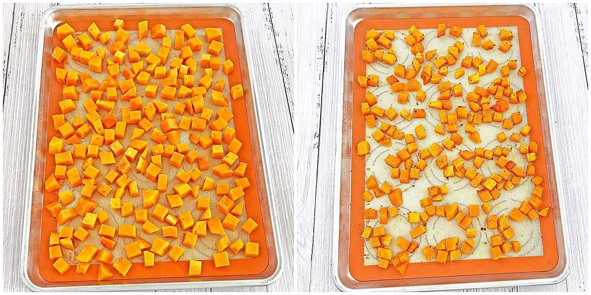 Roast in the preheated oven to 400 F (200 C) for 20 minutes or until squash is tender and lightly browned.