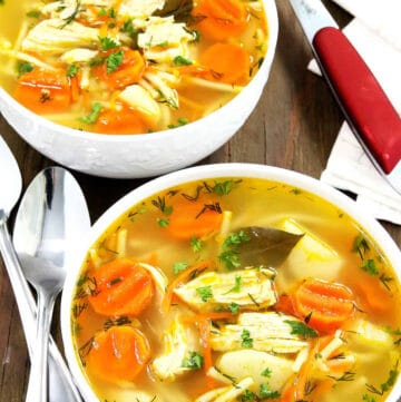 This is one of my favorite comfort foods as well. It's so warming, tasty, and light. The chicken is very tender, and the homegrown carrots and potatoes give the soup a real homey flavor.