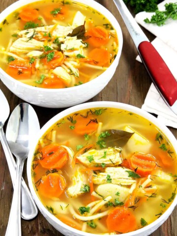 This is one of my favorite comfort foods as well. It's so warming, tasty, and light. The chicken is very tender, and the homegrown carrots and potatoes give the soup a real homey flavor.