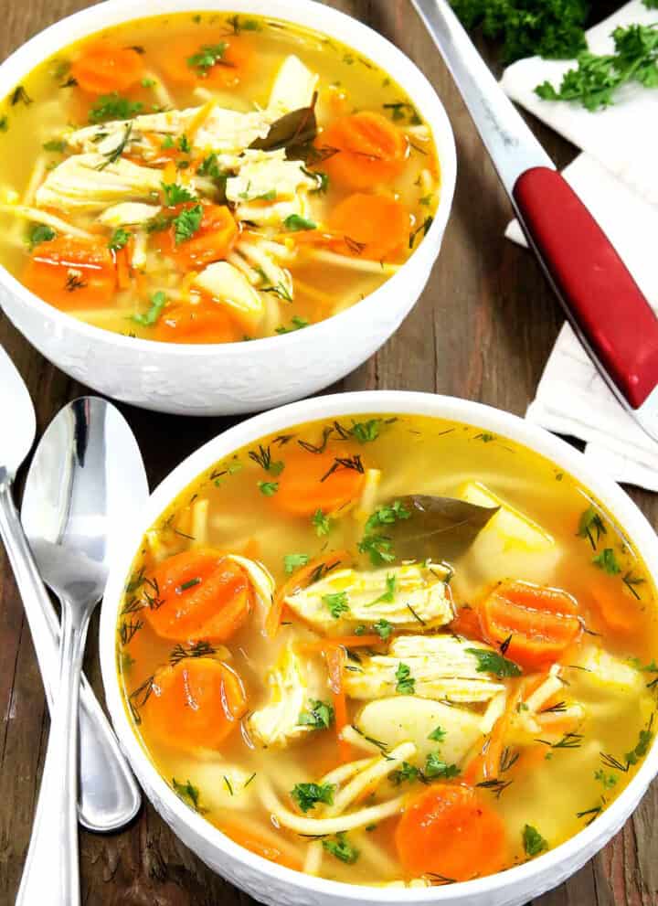 This is one of my favorite comfort foods as well. It's so warming, tasty, and light. The chicken is very tender, and the homegrown carrots and potatoes give the soup a real homey flavor.