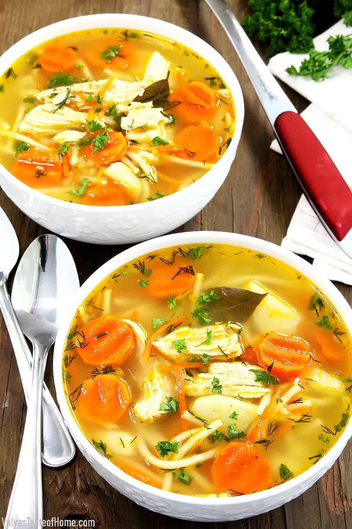 This is one of my favorite comfort foods as well. It's so warming, tasty, and light. The chicken is very tender, and the homegrown carrots and potatoes give the soup a real homey flavor.