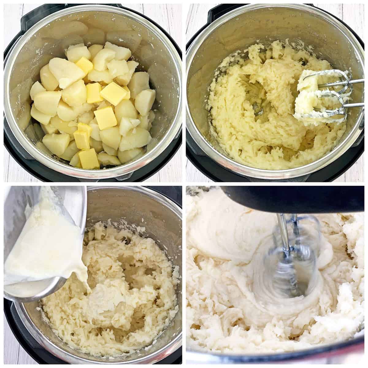 Spread out cubed butter over drained potatoes and then using a hand mixer, potato masher, or potato ricer, cream the potatoes well.