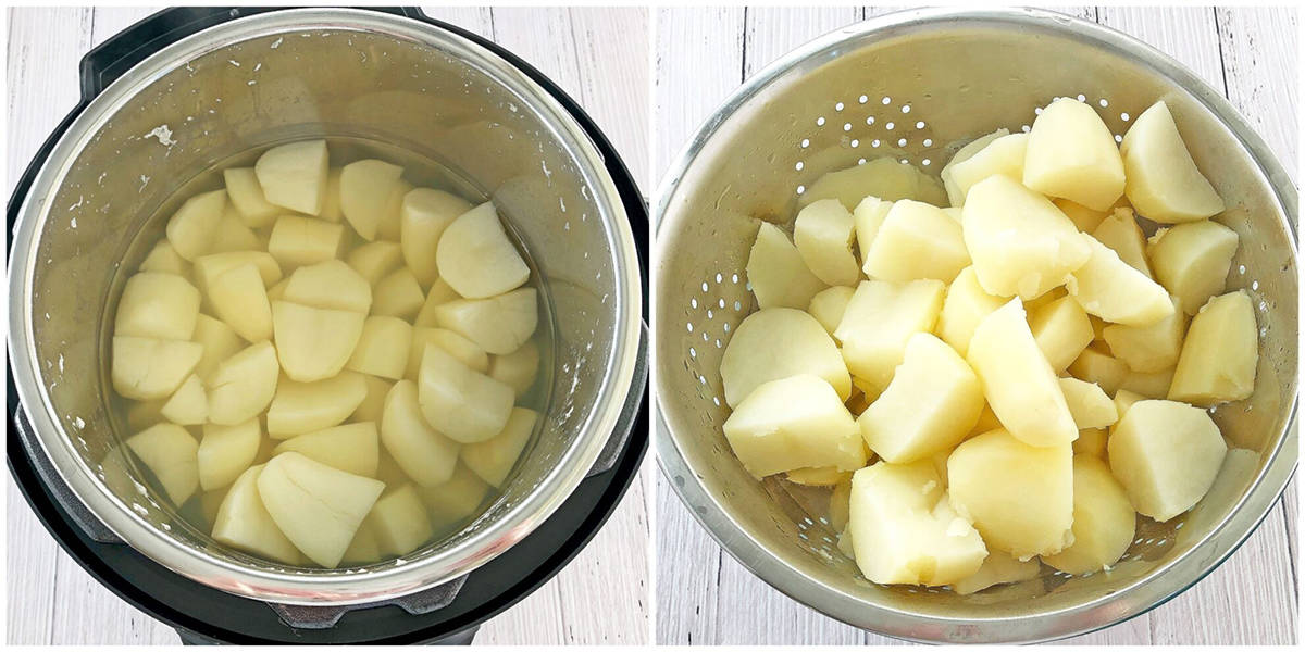 Carefully drain potatoes by dumping them into the strainer.