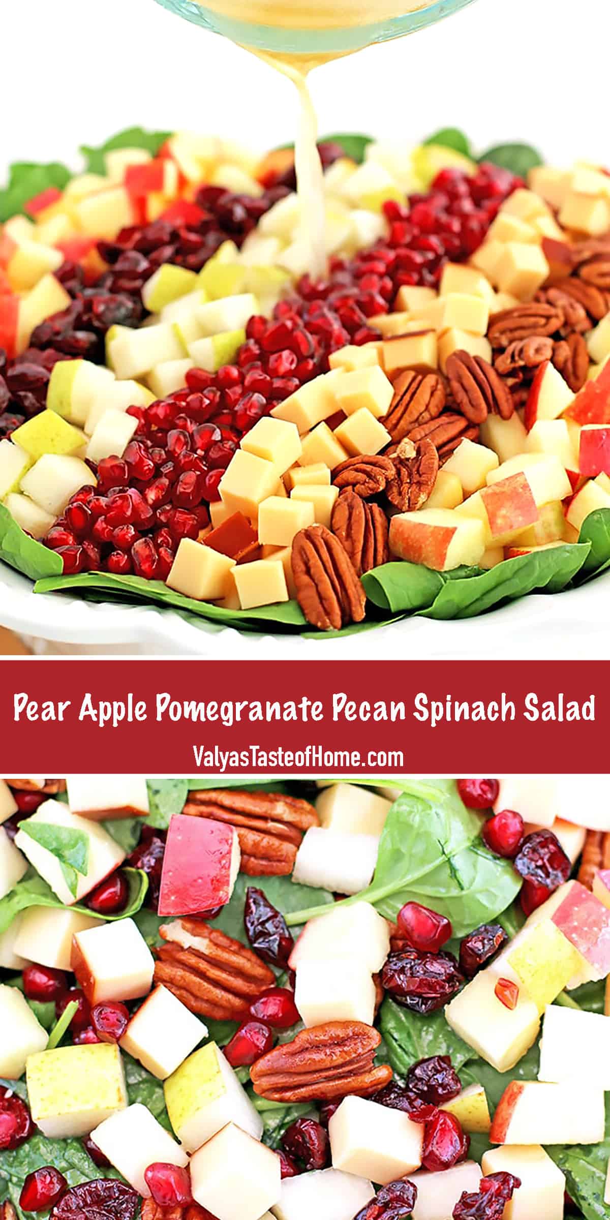 Pear Apple Pomegranate Salad What is there not to love about fresh and beautiful salad? This Pear Apple Pomegranate Pecan Spinach Salad Recipe is super easy to make and is such an attractive addition to your table.