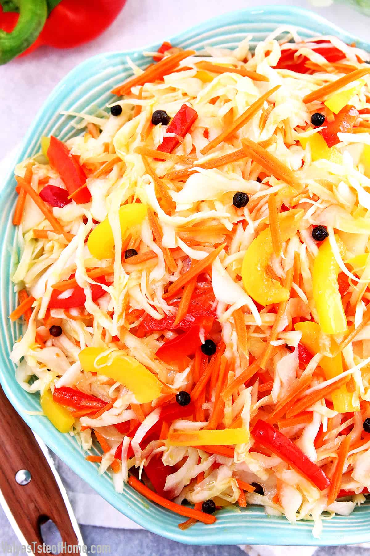 This Cabbage Carrots and Peppers Salad recipe is not one of those salads that you really taste the sharpness of fresh vegetables. It tastes more like a marinated salad and has a bit of a sweet and sour taste to it. The best thing I like about this salad is that you can make it ahead of time which helps avoid those last-minute preparation rushes. #cabbagecarrotspepperssalad #marinatedsalad #easymarinatedvegetablesalad #valyastasteofhome