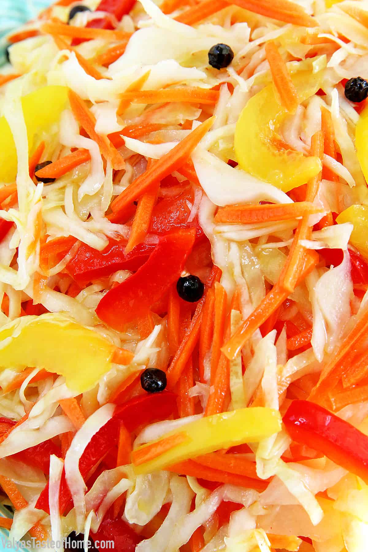 This Cabbage Carrots and Peppers Salad recipe is not one of those salads that you really taste the sharpness of fresh vegetables. It tastes more like a marinated salad and has a bit of a sweet and sour taste to it. The best thing I like about this salad is that you can make it ahead of time which helps avoid those last-minute preparation rushes. #cabbagecarrotspepperssalad #marinatedsalad #easymarinatedvegetablesalad #valyastasteofhome