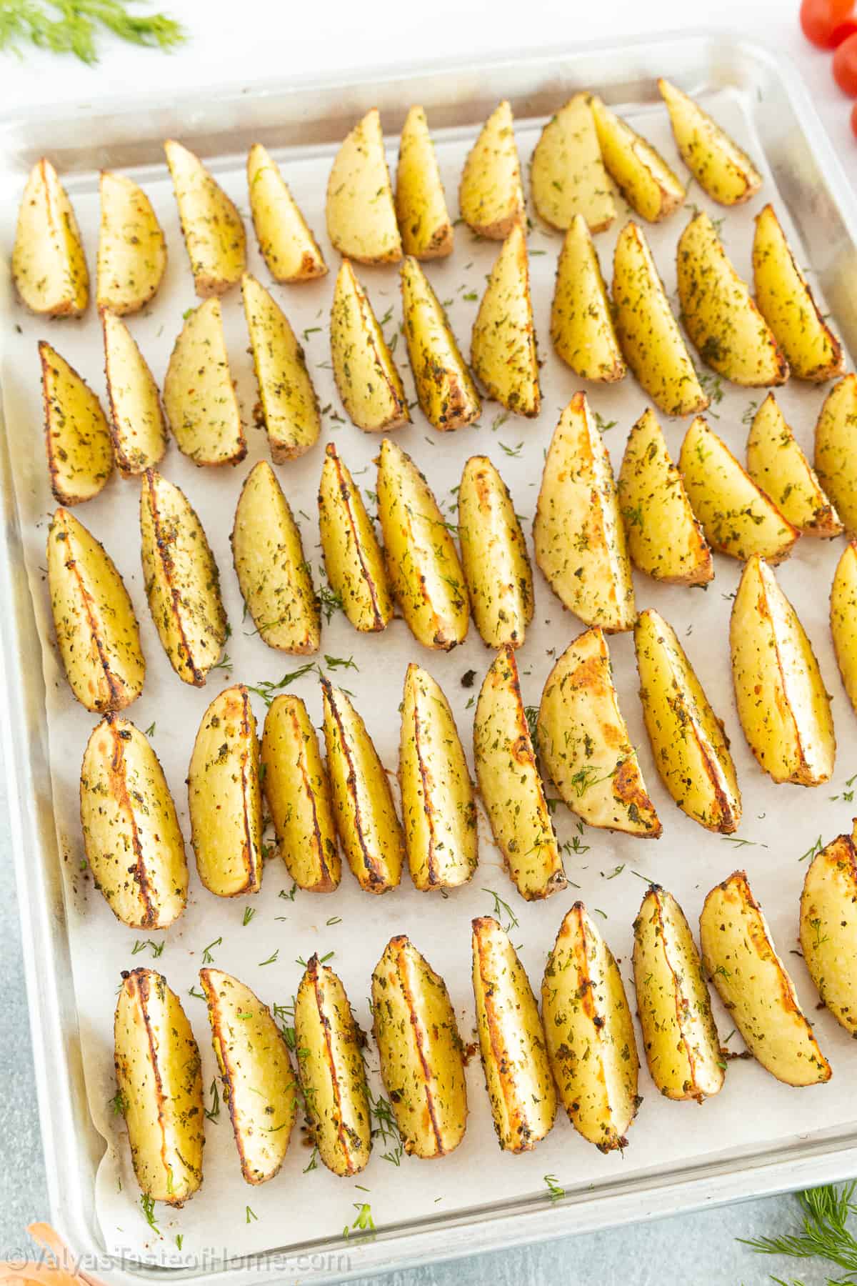 Making these baked potato wedges is incredibly easy. All you need to do is cut your potatoes into wedges, season them with the simple ingredients in this recipe, and then bake them in the oven until they are golden brown and crispy.