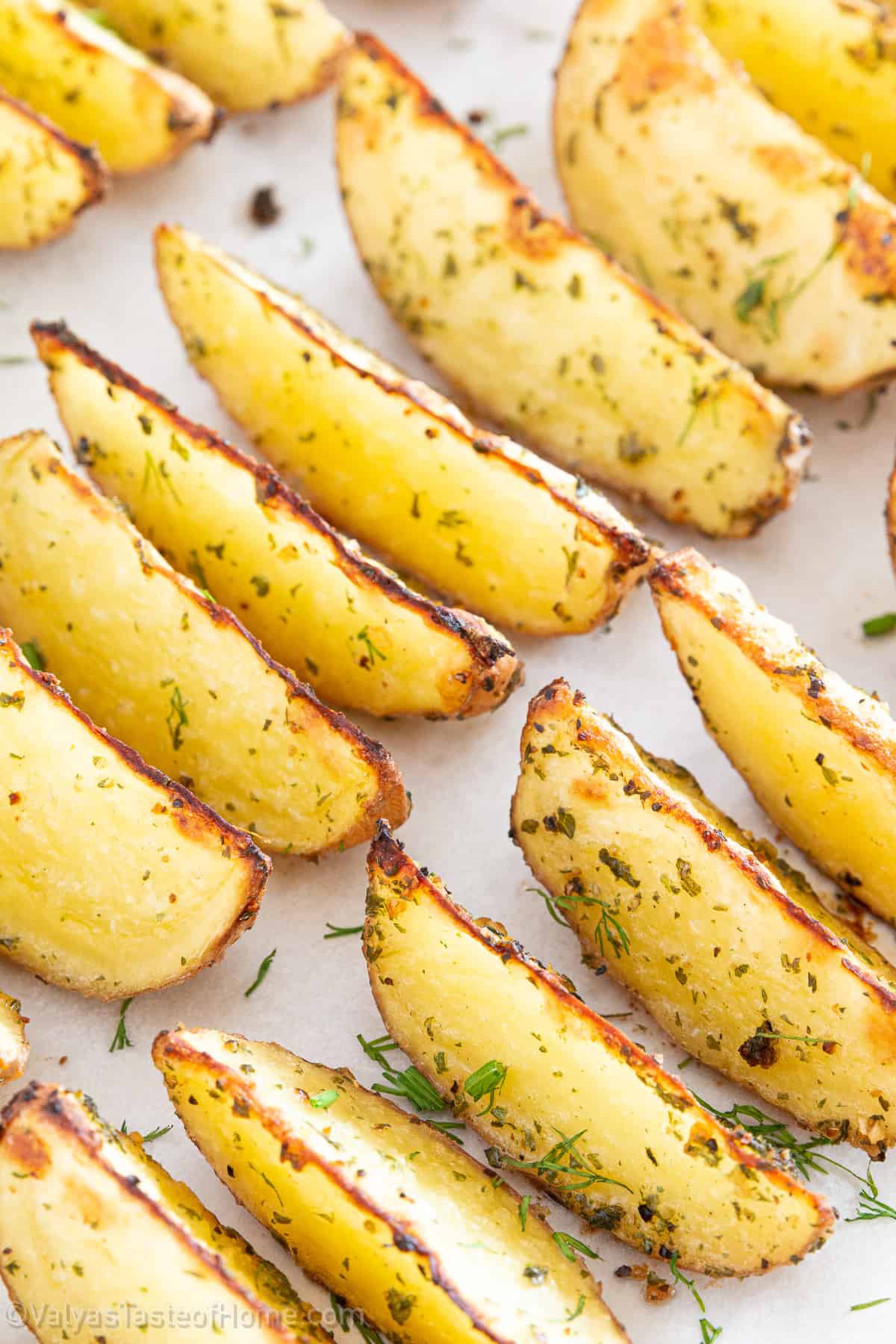 These Baked Potato Wedges are the perfect side dish by being crispy and crunchy on the outside, tender on the inside, and full of flavor in every bite!