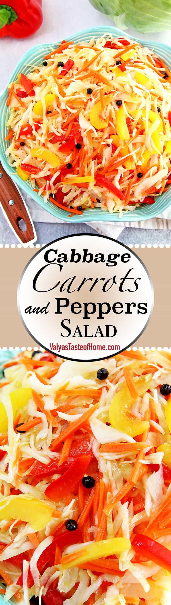 This Cabbage Carrots and Peppers Salad recipe is not one of those salads that you really taste the sharpness of fresh vegetables. It tastes more like a marinated salad and has a bit of a sweet and sour taste to it. The best thing I like about this salad is that you can make it ahead of time which helps avoid those last-minute preparation rushes. #cabbagecarrotspepperssalad #marinatedsalad #easymarinatedvegetablesalad #valyastasteofhome