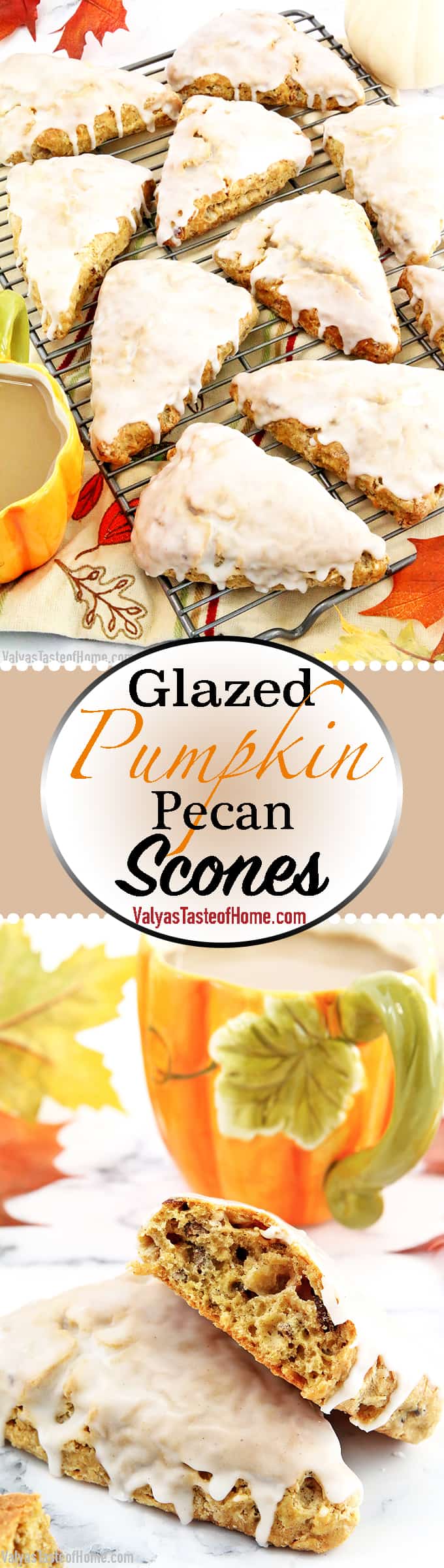 These Glazed Pumpkin Pecan Scones are soft, flaky, buttery, and bursting with cinnamon and pumpkin flavors. They are super simple to make but very delicious fall treat that is so much loved in my family. #pumpkinscones #glazedpumpkinpecanscones #breakfast #easyrecipe #valyastasteofhome