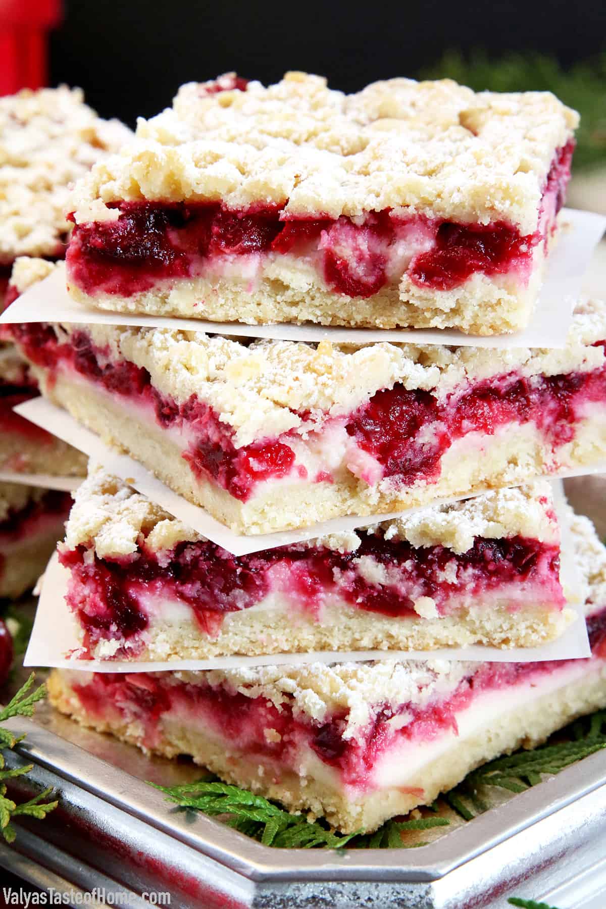 There's no treat like cranberries for Christmas! Couple that with sweet cream cheese and you've really got something delicious. Another great treat just in time for the Holidays. These Cream Cheese Cranberry Bars are very easy to make and are absolutely delightful! #cranberrybars #creamcheesecranberrybars #holidaybaking #valyastasteofhome