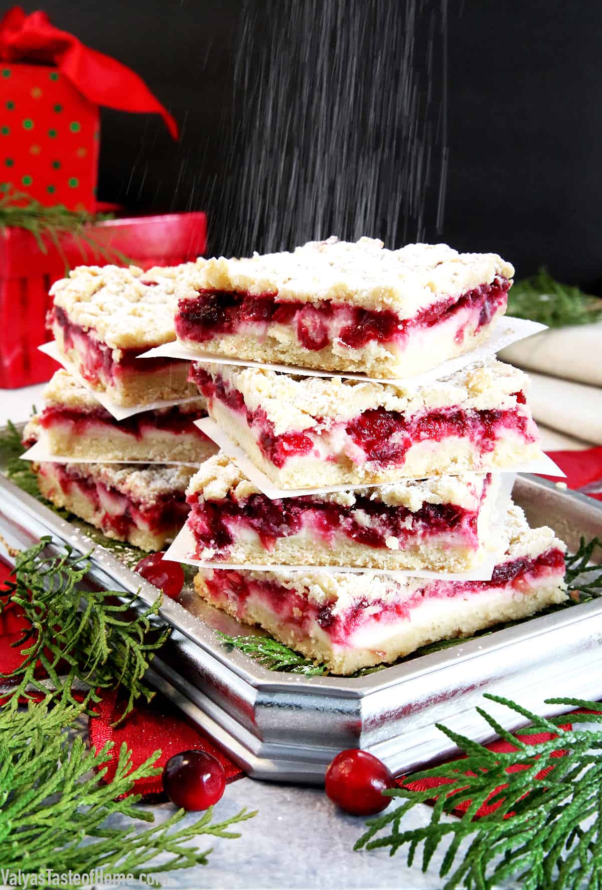 There's no treat like cranberries for Christmas! Couple that with sweet cream cheese and you've really got something delicious. Another great treat just in time for the Holidays. These Cream Cheese Cranberry Bars are very easy to make and are absolutely delightful! #cranberrybars #creamcheesecranberrybars #holidaybaking #valyastasteofhome