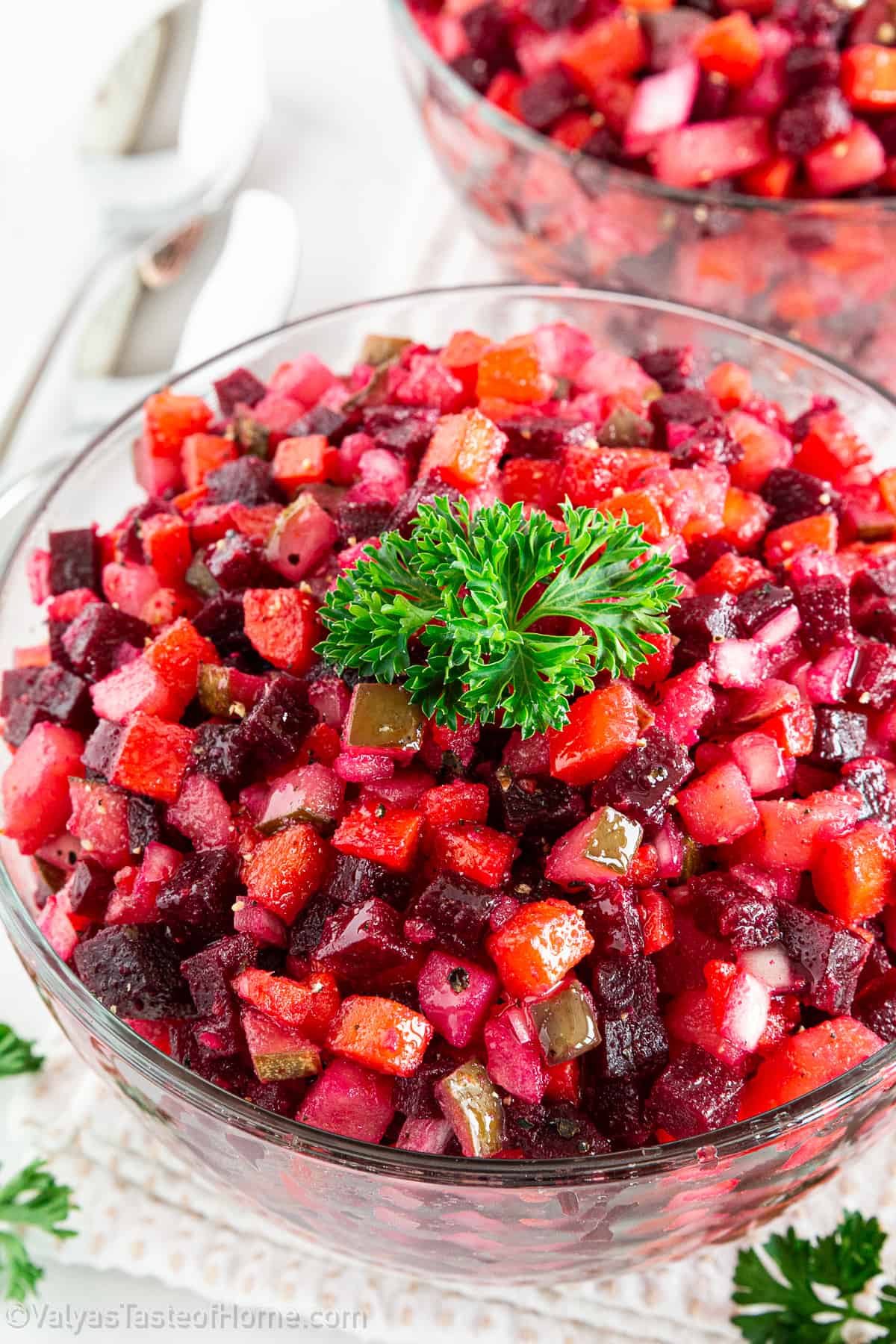 The colors in this recipe make it an ideal salad to make for the holidays to serve with any and all dishes you’re planning on serving. Plus, this is a classic Ukrainian beet salad and so the ingredients are simple and delicious, and truly one of a kind.