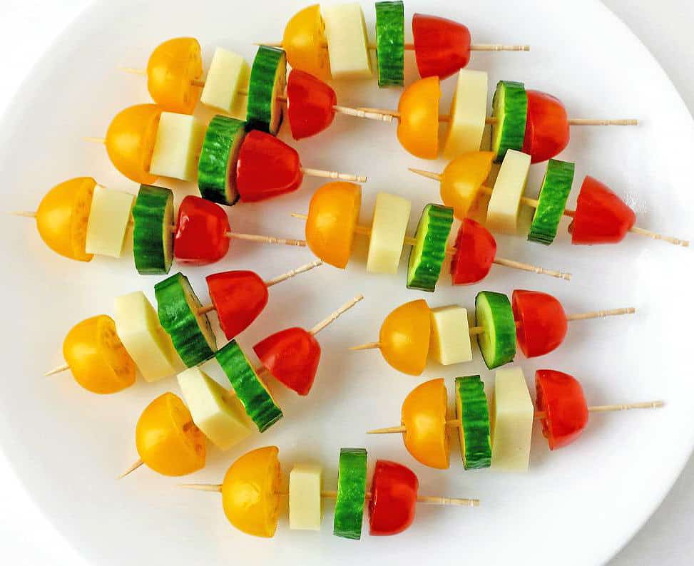 Tomato Cucumber and Mozzarella Cheese Kabob Appetizers 4 This delightful Tomato Cucumber and Mozzarella Cheese Kabob Appetizers seasoned with salt and pepper and drizzled in olive oil are so easy to make and tastes absolutely tasty. They can be made hours before a get-together and refrigerated until you're ready to serve. They are gorgeous for parties and it helps get kids to eat more vegetables.
