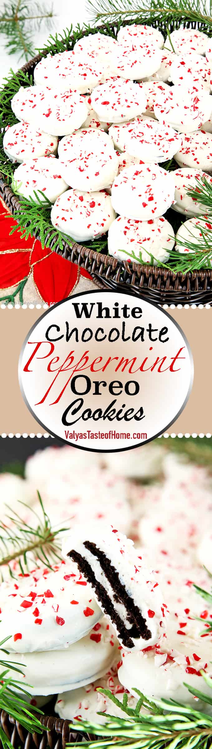 Oreo cookies dipped in white chocolate and sprinkled with crushed peppermint candies are festive, very attractive and beautiful display on a party tray. And kids have a lot of fun together.