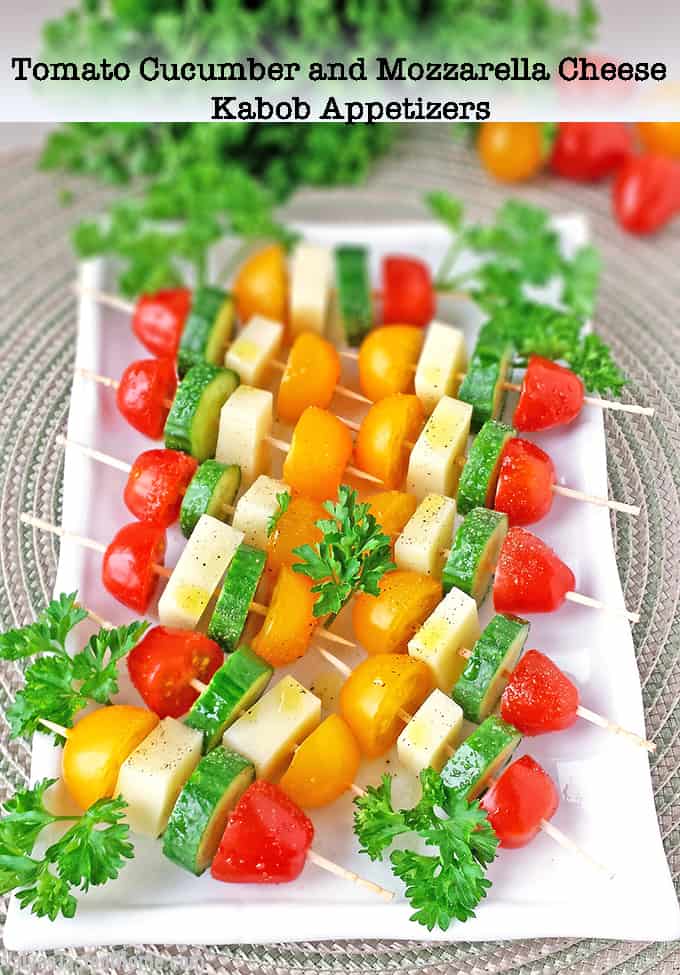 These delightful and healthy Tomatoes Cucumber and Mozzarella Cheese Kabob Appetizers seasoned with salt and pepper, and drizzled in olive oil are so easy to make and tastes absolutely delicious. #kabobappetizers #veggiekabobappetizers #partyfriendly #valyastasteofhome