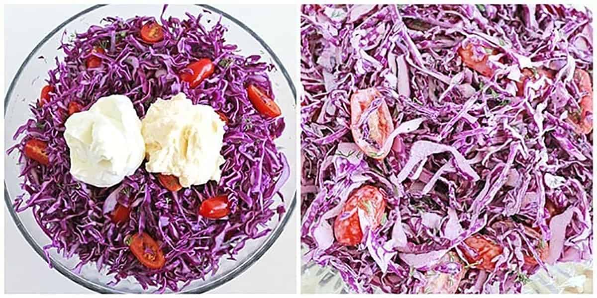 After that, add mayonnaise and Greek yogurt to the veggies. Toss the salad again until it's mixed well and the vegetables are well coated.