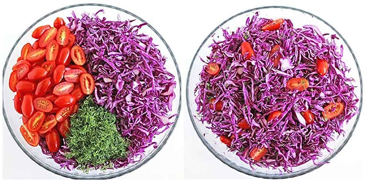 shred the cabbage then slice the tomatoes in half on a cutting board. Finely chop the dill, then place all everything in a large bowl and toss until it's mixed well.