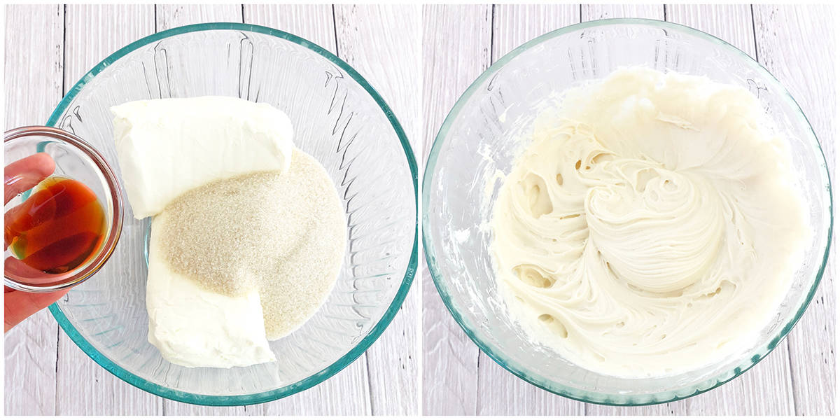 Start by beating softened cream cheese, sugar, and vanilla in a small glass bowl until smooth in texture. Set aside until ready for use.