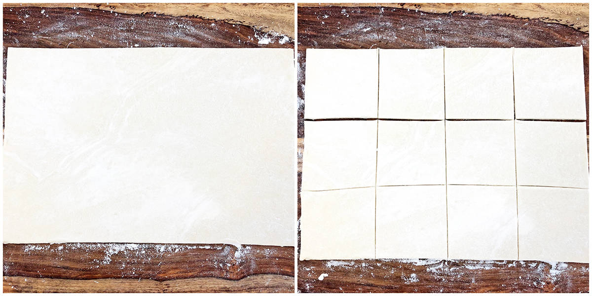 cut the puff pastry sheet into three by three-inch squares.