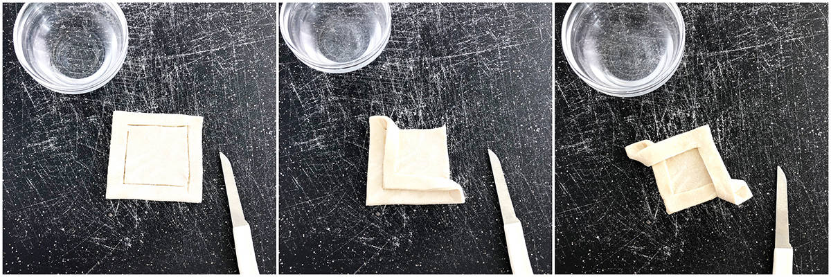 Cut two slits using a sharp knife creating a border-like appearance, and connecting at one corner.