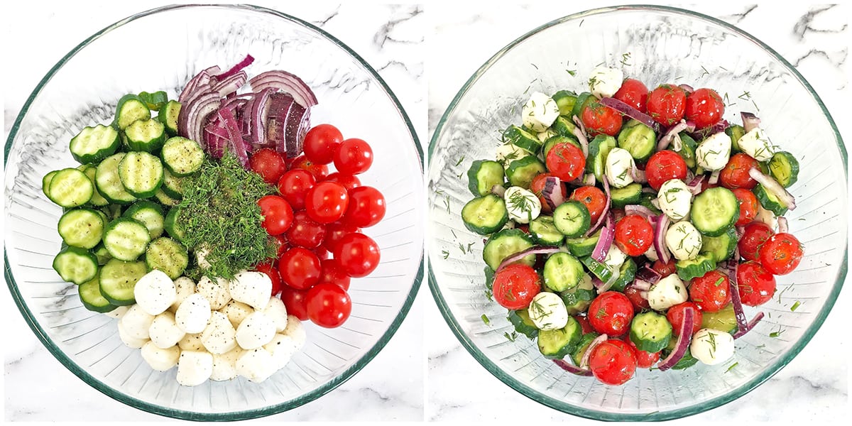 Eating this Tomato Cucumber and Mozzarella Salad makes me think of that kid in the candy store. When mealtime ends, you find yourself picking up the fork again and jabbing the individual ingredients in the salad. Just because they're cute! 