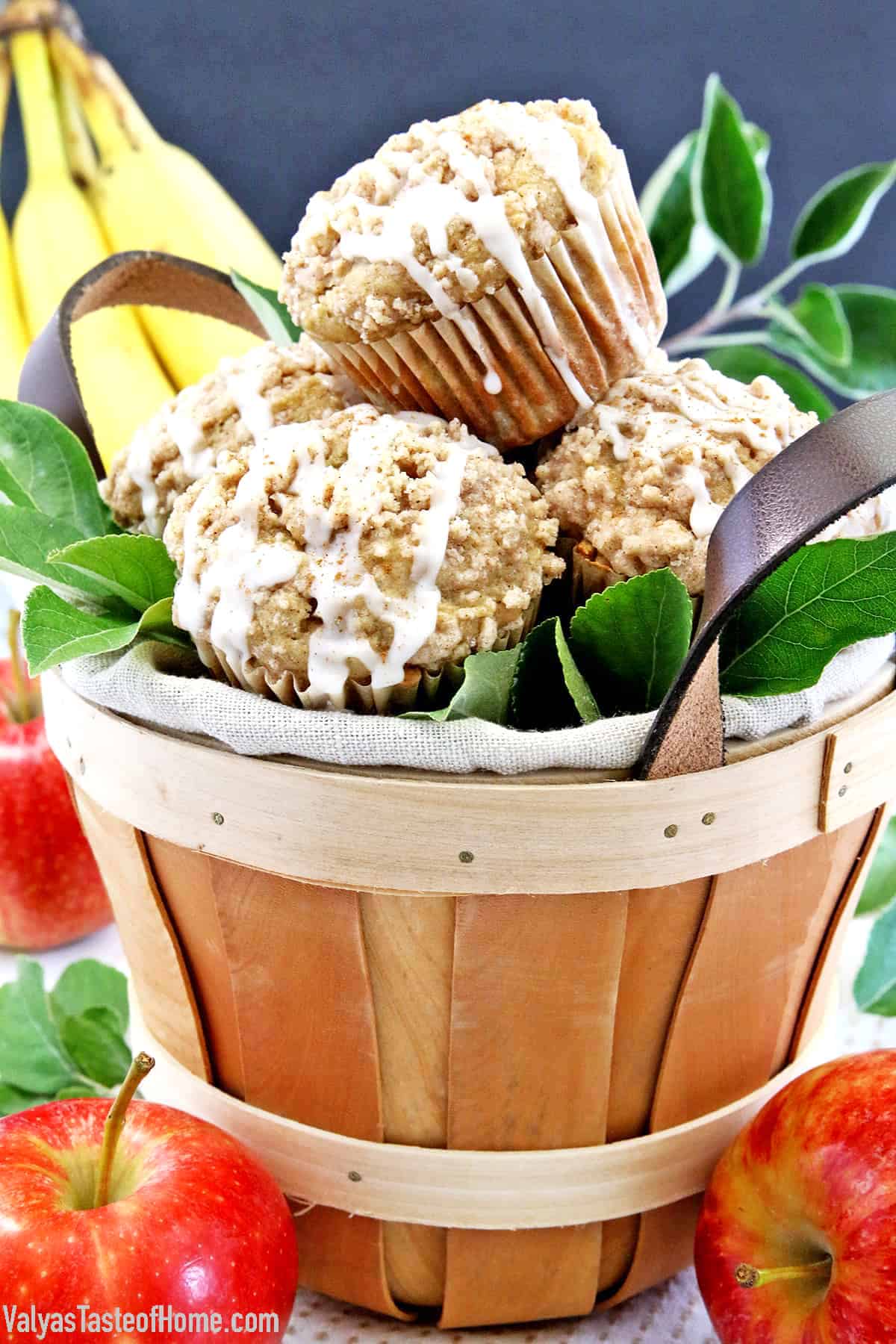 These apple banana muffins feature the perfect balance of flavor and a tasty cinnamon topping.
